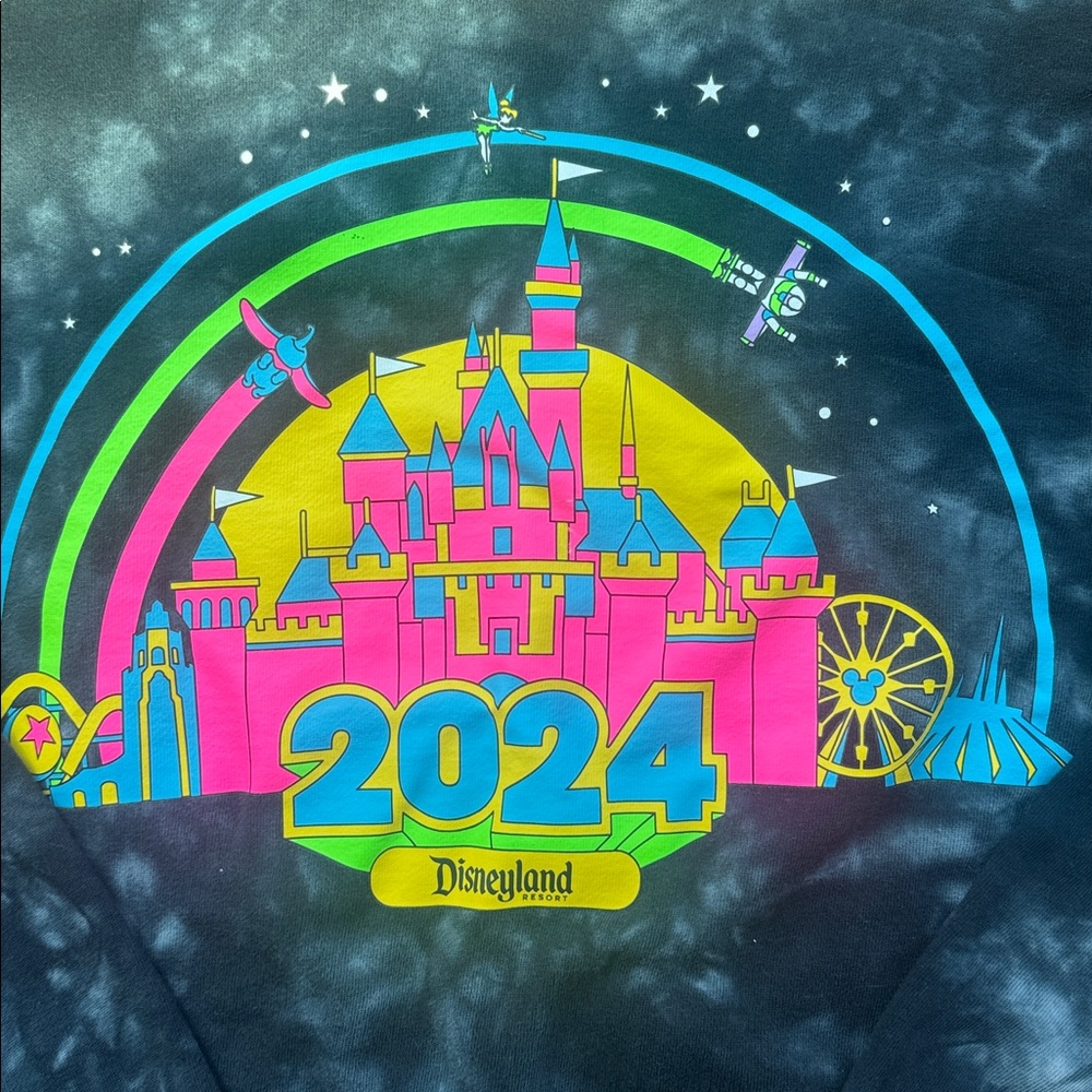 Disney 2024 Black Tie-Dye Crewneck Sweatshirt with Neon Castle Graphic - Picture 3 of 4